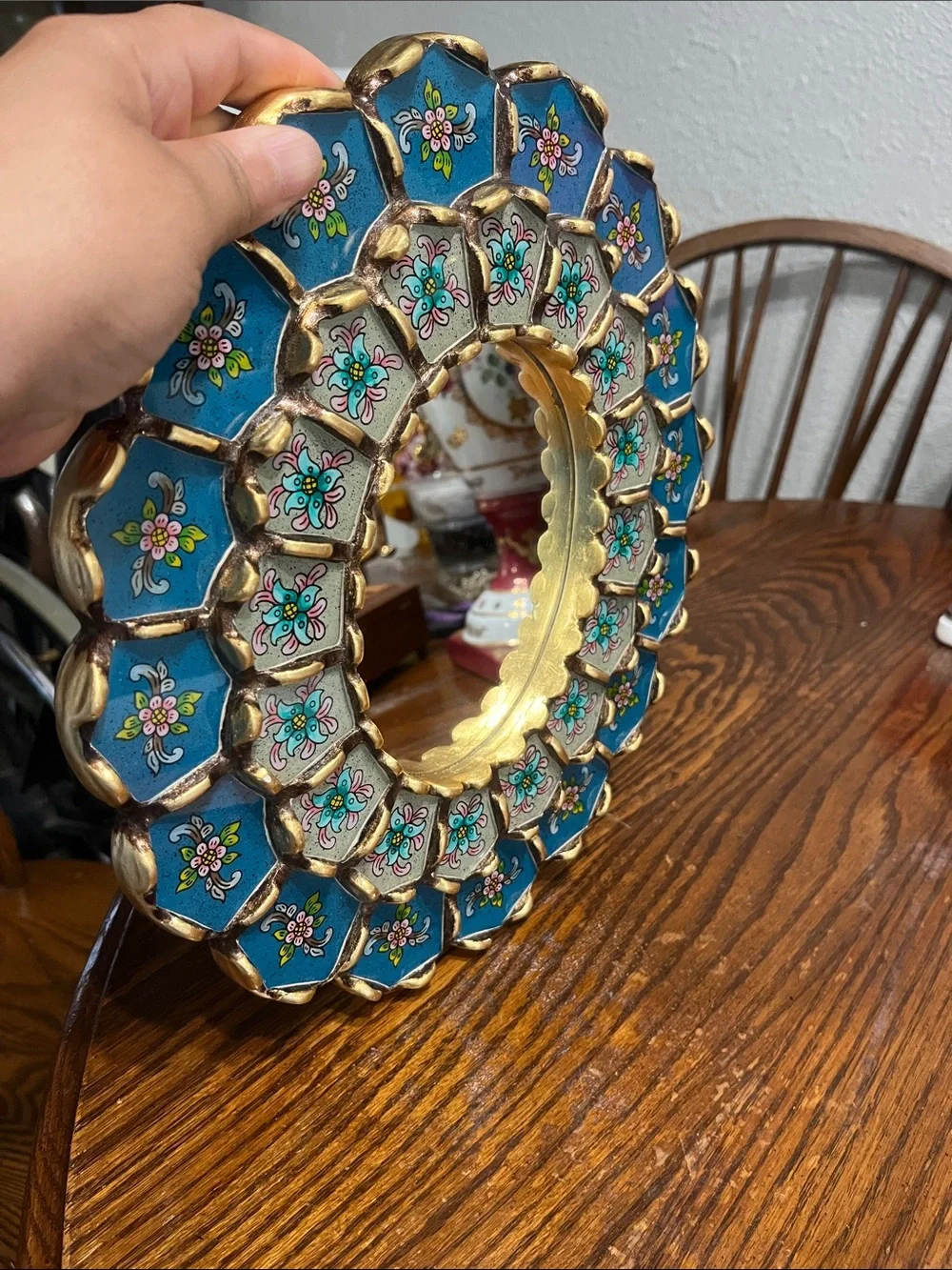 Hand-Painted Teal Floral Decorative Wall Mirror - Unbranded
